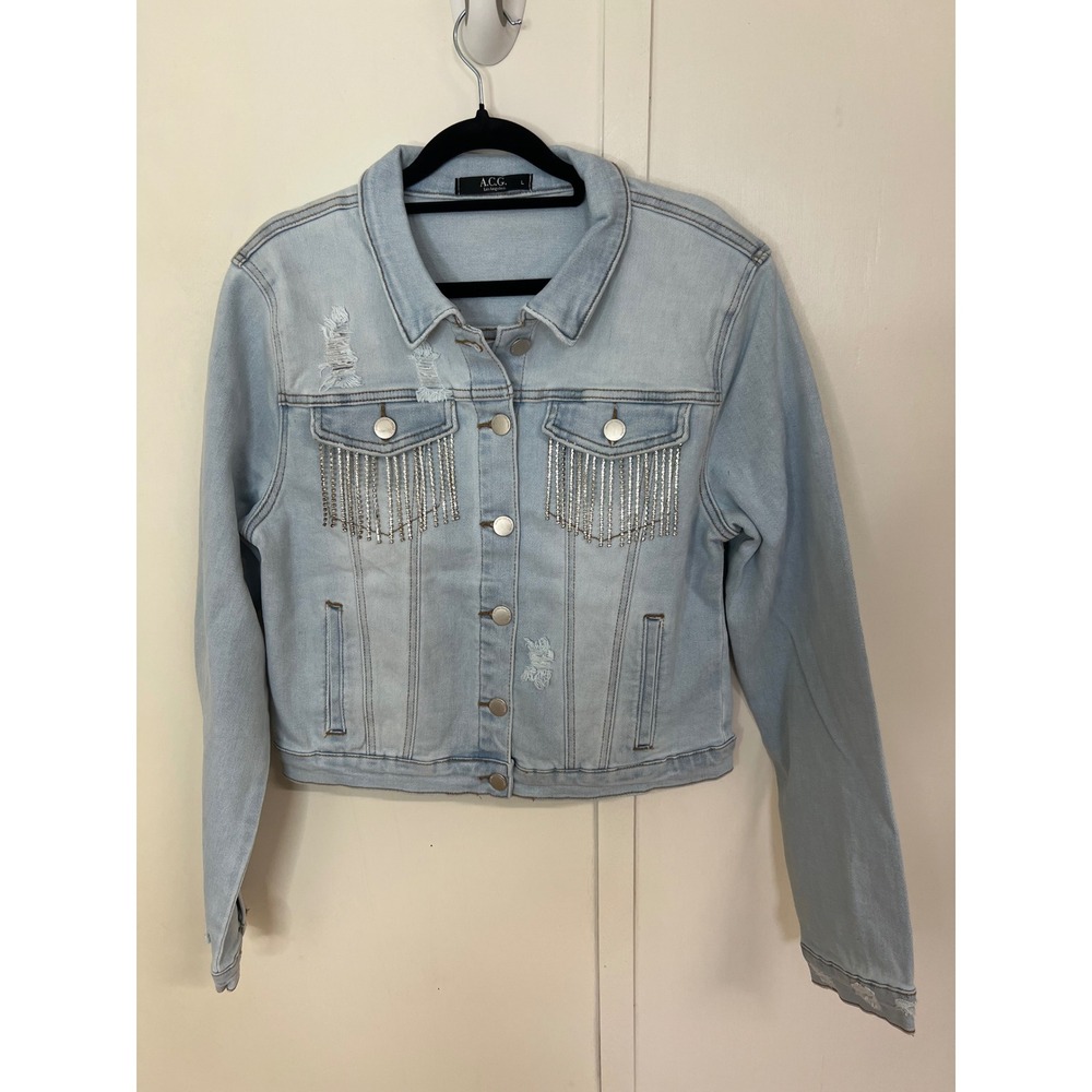 ACG Los Angeles Light Wash Distressed Rhinestone Fringe Denim Jacket Large